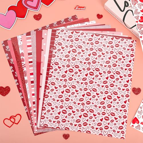JarThenaAMCS 12 Sheet Valentine’s Day Heat Transfer Vinyl Glitter Pink Red Iron on Vinyl Heart Lip Printed HTV Adhesive Craft Vinyls for Mother's Day Wedding Clothing Costume DIY Fabric Craft - style: Valentine