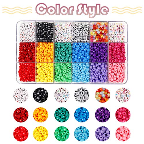 1720+pcs Pony Beads Kit 1830pcs 6 Style Letter Alphabet Beads Rainbow Plastic Pony Bead Bulk Multicolor Kandi Bead Elastic String DIY Crafts Jewelry Making Kit for Bracelets Necklaces - color: Solid Pony Beads with Letter