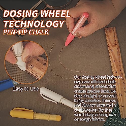 Calvana (3-pack) Fabric Chalk Markers -Erase Tailor’s Chalk for Quilting and Sewing - Compatible with Most Fabrics - With Dosing Wheel Technology, Red, Blue, White