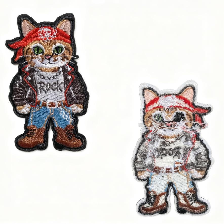 U-Sky Sew or Iron on Embroidered Patches | Rock Star Cat with Red Bandana & Blood Rock Text Design | Edgy Music Theme for Jackets Denim Bags | 1.8"x3.1" 3PCs Pack - color: Shorthair Rocker