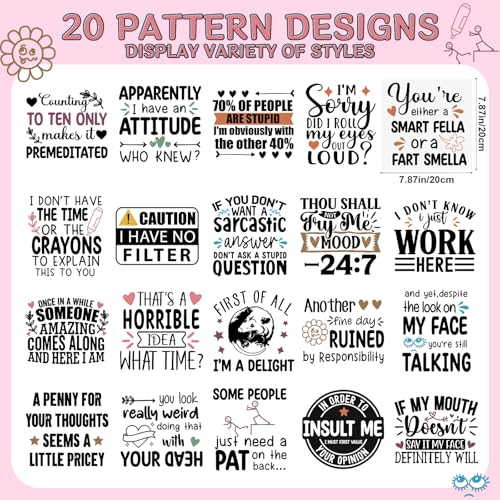 Sarcastic Iron on Transfers for Tshirts - 20Pcs Dtf Transfers Ready to Press, Funny Quotes Iron on Decals Patches, Humor Phrases Heat Transfer Stickers for Clothing Bags Hat DIY Crafts - color: Sarcastic631
