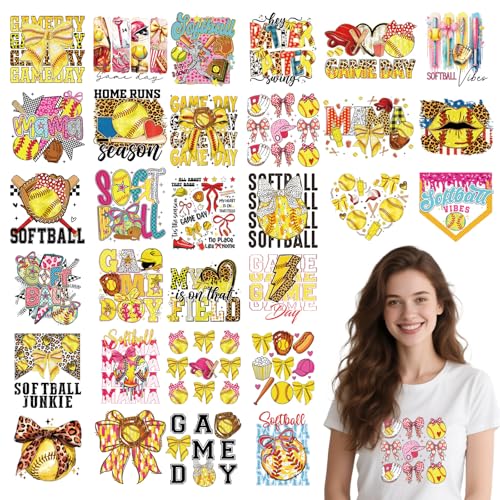 Wxiben Softball Iron on Transfers for T-Shirts - 30 Pcs Game Day Dtf Transfers Ready to Press Softball Bow Mother's Day Transfer Vinyl Stickers Iron on Decals for Clothing Pillows Hats Bag DIY Crafts - style: Softball