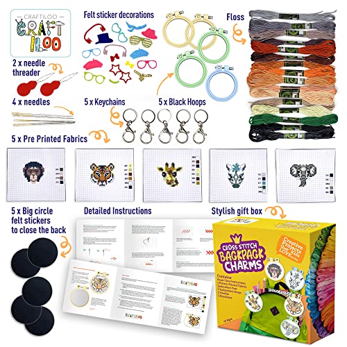 Safari Cross Stitch Kits for Kids - 5 Stamped Beginner Needlepoint Sets - color: Wild Animals