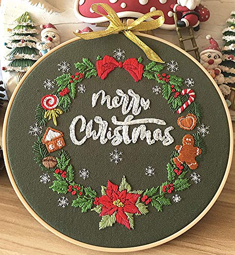 Embroidery Kit Merry Christmas Ornaments Snowflake Wreath Awesocrafts Full Range of Embroidery Starter Kits for Beginners Adults DIY Handmade Easy Patterns (Christmas) - color: Christmas
