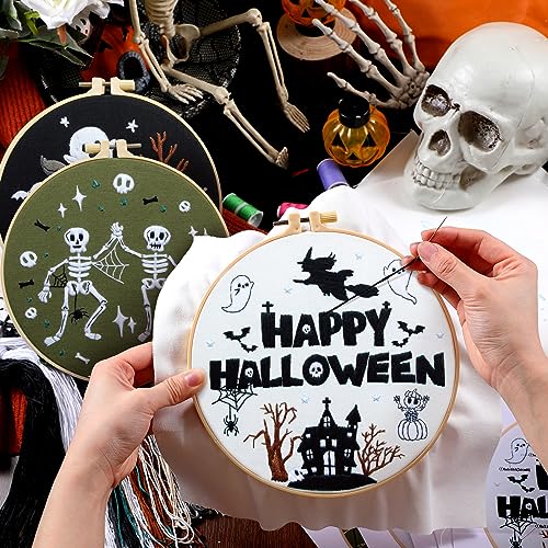 Tigeen 5 Sets Halloween Embroidery Kits for Adult Starter Beginners Ghost Spooky Bat Halloween Stamped Cross Stitch Ornament Kit with Instruction Embroidery Hoop Needle Storage Bag Threads Scissors