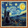 Funchey Counted Cross Stitch Kits for Adults Needlepoint Kits Unprinted Cross Stitching Embroidery Kit 11CT Cross Stitch Supplies-Van Gogh Starry Cat 18x18 inch - color: Artcolor10