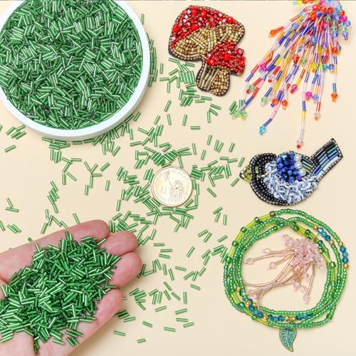 4200pcs Glass Bugle Beads, Mini Long Tube Seed Beads Bulk, Tiny Small Loose Spacer Embroidery Beaded for Bracelets Jewelry Making Sewing, Crafts, Christmas Ornaments, 2×6mm, Dark Green - color: Lime green