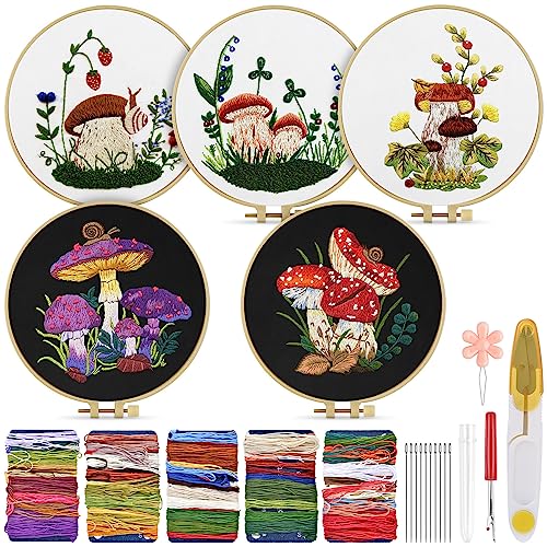 Embroidery Kit for Adult, 5 Sets Mushroom Embroidery Kit for Beginners - color: Mushroom