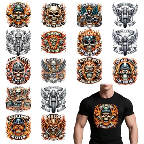 Wxiben 16 Pcs Motorbike Skull Iron on Transfer Dtf Transfers Ready to Press - style: Motorbike Skull