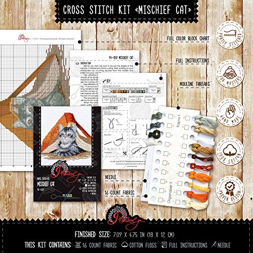 Counted Cross Stitch Kit 'Mischief Kitten' DIY Embroidery Set with Counted Gray Tabby Cat Pattern