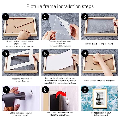 9x12 or 6x8/5x7 Solid Wood Frame with Mat/Matless for Wall Mount or Table Top (Natural) - color: Natural, size: 9x12 inch