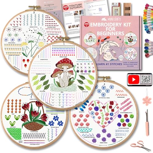 Moni Crafts Adult Beginner Embroidery Kit – 4 Pre-Printed Patterns (Flower, Mushroom, Floral, Heart) – Learn 41 Stitches, Hand Embroidery Starter Craft Set - color: Beginners - Practice B