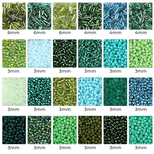 7500Pcs Green Glass Seed & Tube Bugle Beads Kit for Embroidery and Craft - color: D-Green