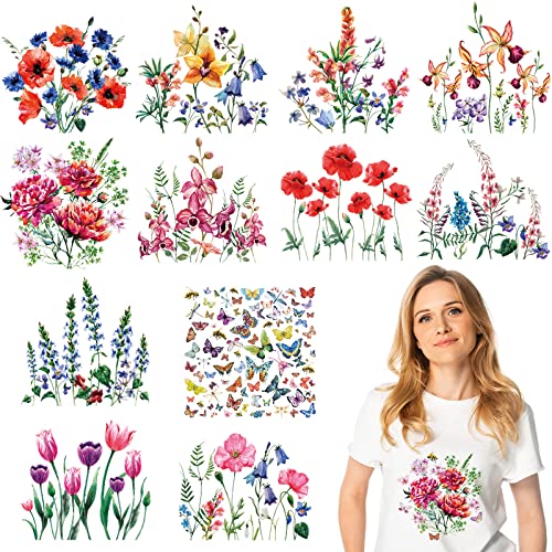 Fainne 12 Sheets Watercolor Flower Iron on Transfers for Clothing, Spring Dtf Ready to Press Heat Transfers Vinyl, Iron on Sticker Heat Transfer Patches, Decals for T-Shirts Jackets DIY Art Decor - style: Flower