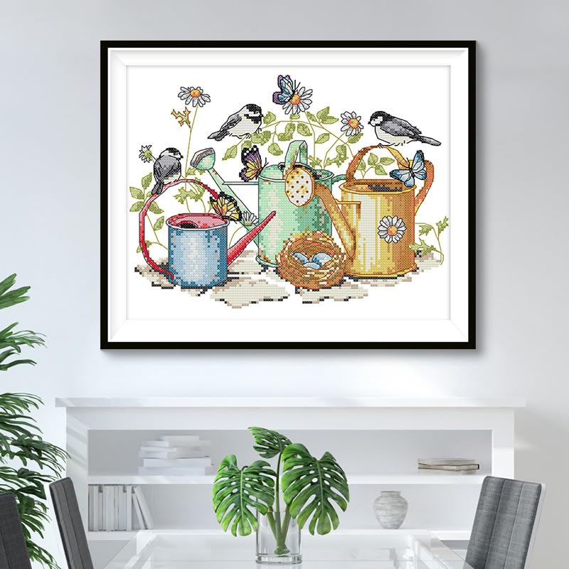 Rosyfoxes Cross Stitch Kits Stamped Full Range of Embroidery Starter Kits for Adult DIY- Printed kit Bird and Kettle (Printed) 11ct 3-strands16.9×13 inches - color: printed kit Bird and Kettle(printed)11ct 3-strands16.9×13inches