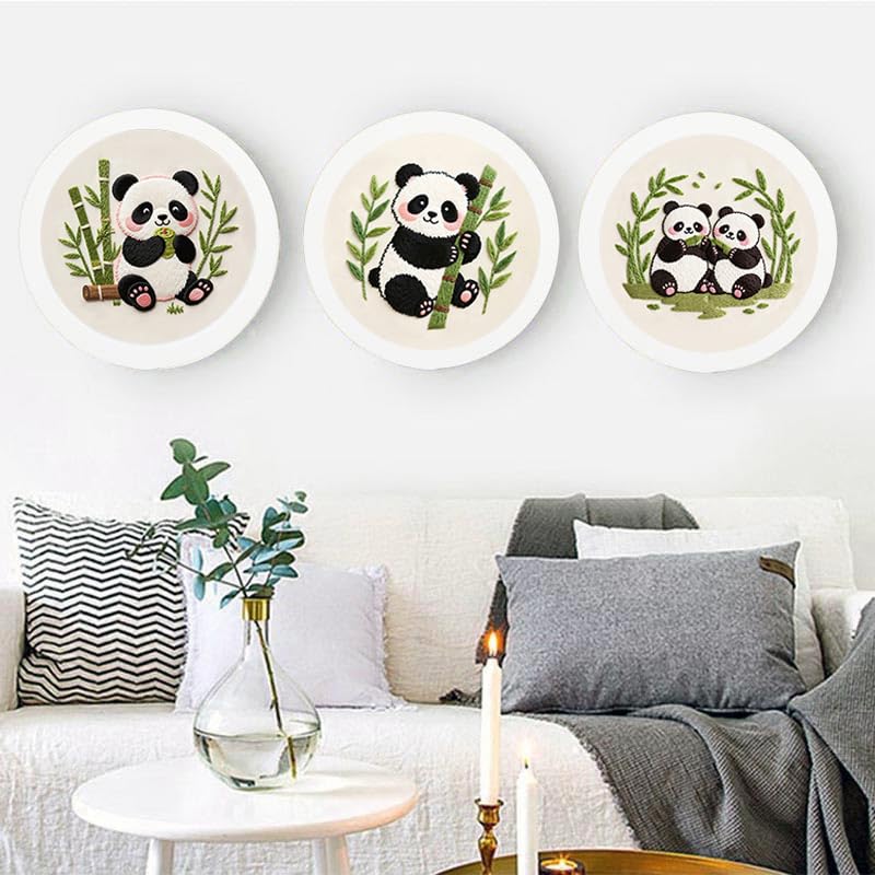 Konrisa Panda Embroidery Starter Kit for Beginners, Cross Stitch Kit with 3pcs Embroidery Pattern, DIY Sewing Project Adult Needlepoint Kit with Hoop, Set of 3 - color: panda