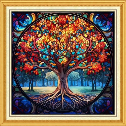 DMCVIVR Stamped Cross Stitch Kits for Beginners Adults Needlepoint Kits for Beginners Embroidery Kits for Adults Crossstitch Kit for Beginners 11CT-Colorful Life Tree 18x18 inch, ArtKits05 - color: ArtKits05