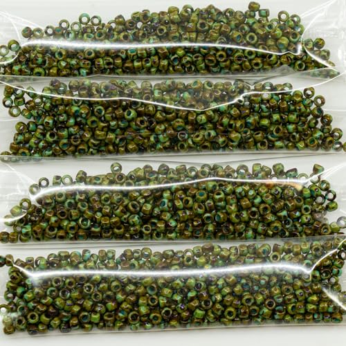 10g TOHO Round Seed Beads 8/0 Rocailles, Opaque Turquoise Travertin Picasso Hybrid #55-T (Similar to Y307), Glass, Japan - color: Hybrid Turqquoise Picasso - 8/0