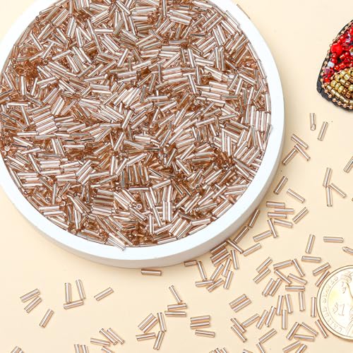 2000pcs Glass Bugle Beads, Tube Beads Bulk, Mini Long Tiny Small Waist Loose Spacer Embroidery Beaded for Bracelets Jewelry Making Sewing, Crafts, 2×6mm, Champagne Pink - color: Champagne Pink