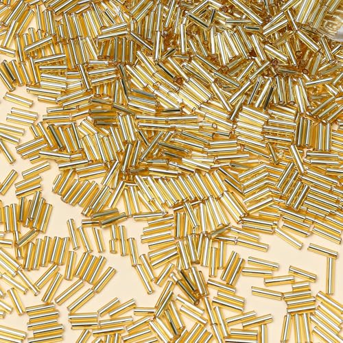 2000pcs Glass Bugle Beads, Tube Beads Bulk, Mini Long Tiny Small Waist Loose Spacer Embroidery Beaded for Bracelets Jewelry Making Sewing, Crafts, 2×6mm, Gold - color: Gold