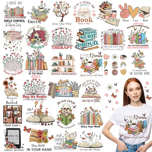 Yuntau 30 Pcs Book Lover Iron on Transfers Patches, Reading DTF Vinyl Decal - style: Book Lover