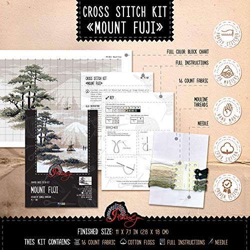Povitrulya Counted Cross Stitch Kit 'Mount Fuji' - 11"x7.1", Aida Cloth 16 Count - Landscape of Fuji Mountain, Japan - size: Mount Fuji - 11" х 7,1" (28 х 18 cm)