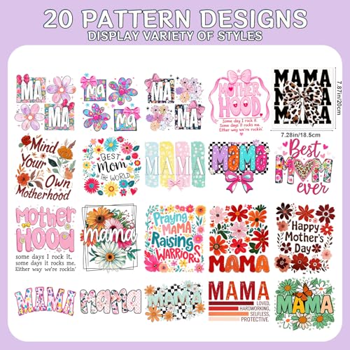 Dtf Transfers Ready to Press -20Pcs Mother's Day Iron on Transfers for Tshirts, Floral Mama Iron on Decals Patches, Flower Mama Heat Transfer Stickers for Clothes Pillows Bag DIY Crafts - color: Mama 555