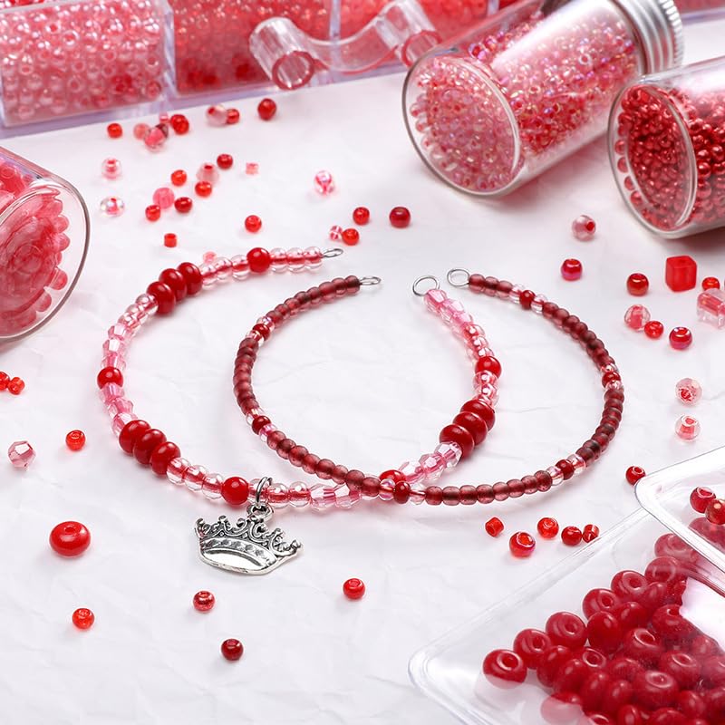 24 Grid Red Glass Seed Bugle Tube Beads Kit for Jewelry Making DIY Craft - color: red, size: 24 Grid
