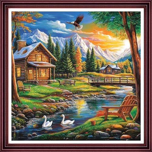 Funchey Counted Cross Stitch Kits for Adults Needlepoint Kits Unprinted Cross Stitching Embroidery Kit 11CT Cross Stitch Supplies-Stream Home Scenery 18x18 inch - color: ArtsKits25