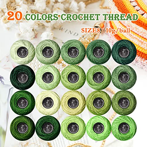 Soft 20 Colors Classic Crochet Thread 20 Pack,100% Cotton (Christmas Green-369-702) - color: Green Series