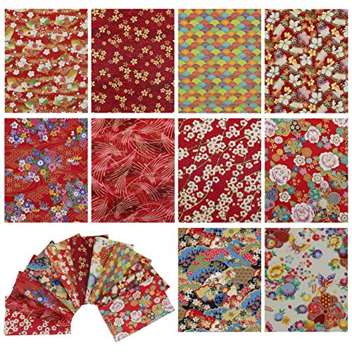 aufodara 10Pcs Cotton Craft Fabric Patchwork Bundle 20x25 cm, Japanese Style Printed Floral Beautiful Gold Patterns Bronzing Cloth for Sewing Quilting DIY Artcraft Handwork (Red) - color: Red