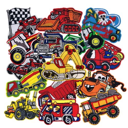16pcs Truck Car Iron/Sew on Patches, Cute Cartoon Racing Embroidered Applique, Fashion Decoration for Clothes, Hat, Bag, Dress, Shirt, Jeans - color: 16pcs Truck Car