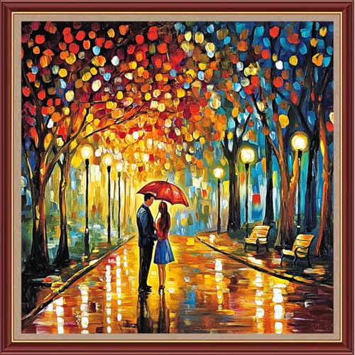 Funchey Counted Cross Stitch Kits for Adults Needlepoint Kits Unprinted Cross Stitching Embroidery Kit 11CT Cross Stitch Supplies&Romantic Couple on a Rainy Night 18x18 inch - color: DIYCrafts13