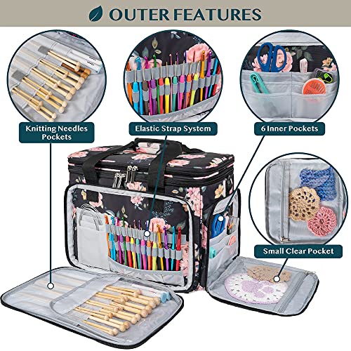 PAVILIA Knitting Yarn Storage Bag Crochet Knitter Organizer, Floral Black - color: Soft Rose