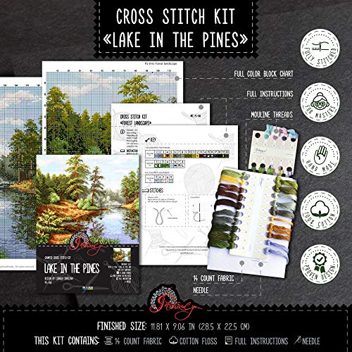 Lake Amid Pines - Counted Cross Stitch Kit with Forest Landscape Pattern - color: Lake in the Pines