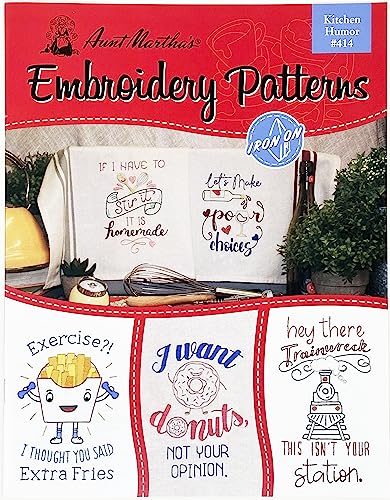 Aunt Martha's 414 Kitchen Humor Embroidery Transfer Pattern Book, Over 15 Iron On Patterns