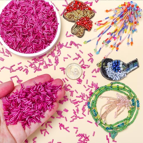 4200pcs Glass Bugle Beads, Mini Long Tube Seed Beads Bulk, Tiny Small Loose Spacer Embroidery Beaded for Bracelets Jewelry Making Sewing, Crafts, Christmas Ornaments, 2×6mm, Rose Red - color: Rose red