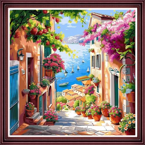 DMCVIVR Stamped Cross Stitch Kits for Beginners Adults Needlepoint Kits for Beginners Embroidery Kits for Adults Crossstitch Kit for Beginners 11CT-Seaside Flowers go Crazy 18x18 inchs - color: ColorNice18