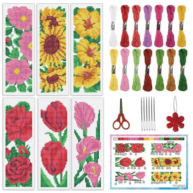 INFUNLY 6pcs/Set Large Roses Cross Stitch Bookmarks Kit Sunflower Tulip DIY Stamped Embroidery Bookmark Calla Lilies Flower Handmade Cross Stitch Bookmark with Backing Felt Instruction for Book Lovers - style: Large Flowers