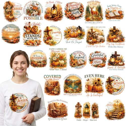 Dazoratix Fall Iron on Transfers - 24 Sheets Christian Jesus DTF Ready to Press Faith Autumn Pumpkin Cross Heat Patches Vinyl Stickers Bible Verse Religious Decals for T Shirts Clothes Bag DIY Crafts - style: Fall Faith