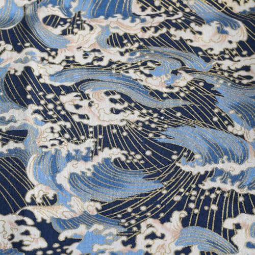 Sea Wave Fabric,160 GSM Japanese Blue Cotton Fabric Gold Hot Stamping,59 Inches Wide for Sewing Clothing Bag Tablecloth Sofa Pillow DIY Craft (3 Yard pre Cut) - color: Sea Wave, size: 3 yard Pre Cut