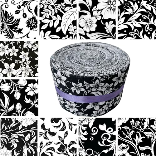 100% Cotton Jelly Roll Fabric Strips for Quilting and Sewings-B&W Floral - color: Black&white Floral