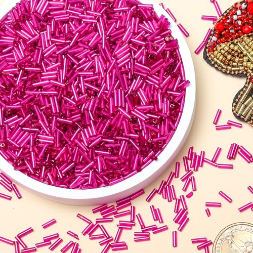 2000pcs Glass Bugle Beads, Tube Beads Bulk, Mini Long Tiny Small Waist Loose Spacer Embroidery Beaded for Bracelets Jewelry Making Sewing, Crafts, 2×6mm, Rose Pink - color: Rose Pink
