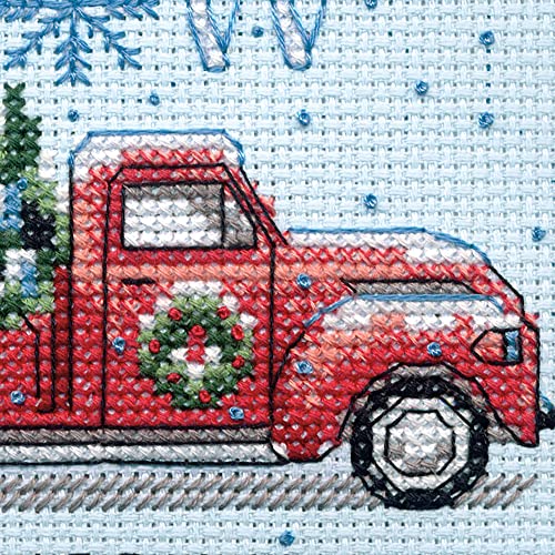 Dimensions 72-09005 Holiday Family Truck Christmas Counted Cross Stitch Kit for Beginners, 6" D, 14 Cnt. White Aida, 5pcs