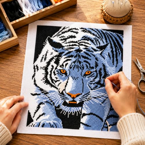 Zhenqing White Tiger Stamped Cross Stitch Kit for Beginners, 11CT Printed Full Coverage Tiger Portrait Pattern, 38 x 48 cm DIY Wildlife Animal Embroidery Needlework Set, No Hoop Needed - color: White Tiger Gaze