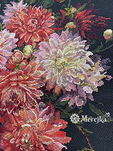 Merejka Dahlias Counted Cross Stitch Kit K-219 | Zweigart Black Aida 16 | 28 DMC Thread Colors | 11¾×15¾ in (30×40 cm)