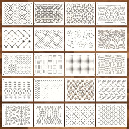20 Pcs Plastic Sashiko Stencil 8.3 x 5.9 Inch Sashiko Template Drawing Line Quilting Stencil Geometric Embroidery Pattern Stabilizers for Sewing Hand Quilting and Embroidery - size: 8.3 x 5.9 inch