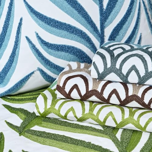 Tropical Leaf Plants Green and Grass Green Leaves Embroidered Throw Pillow Cover, Floral Decor Plant Cushion Covers for Farmhouse Couch Living Room Sofa Bedroom Chair Office Shop 18 x 18 Inches - color: Green and Grass Green