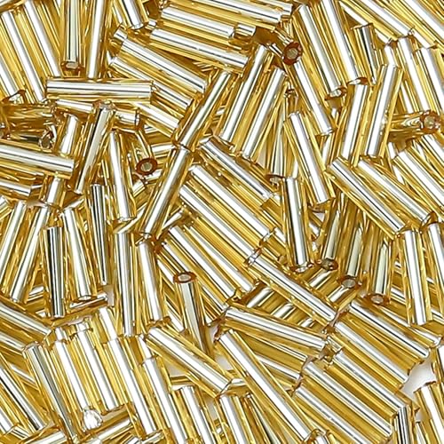 4200pcs Glass Bugle Beads, Mini Long Tube Seed Beads Bulk, Tiny Small Loose Spacer Embroidery Beaded for Bracelets Jewelry Making Sewing, Crafts, Christmas Ornaments, 2×6mm, Gold - color: Gold