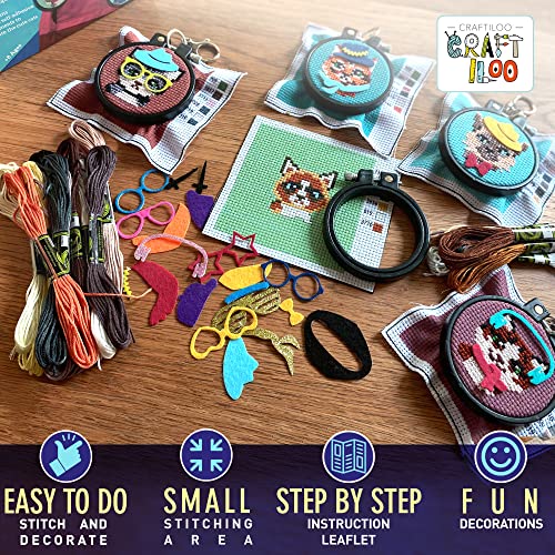 Cats Cross Stitch Kits for Kids - 5 Stamped Beginner Needlepoint Sets - color: Cats